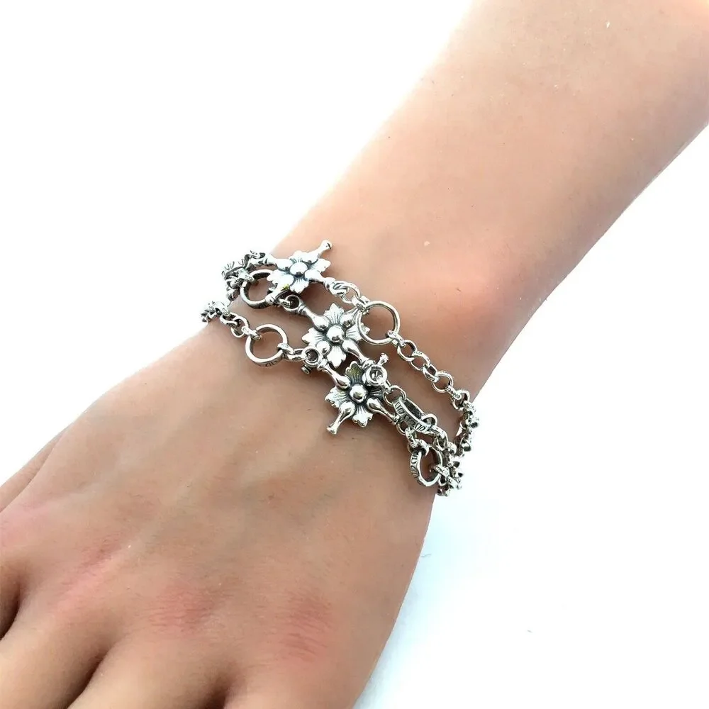 925 Sterling Silver Textured Floral Multi Strand Layered Chain Bracelet - Picture 6 of 8